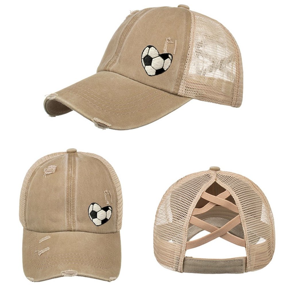 NEW Embroidered Soccer Heart Tan Beige Distressed High Ponytail Trucker Hat